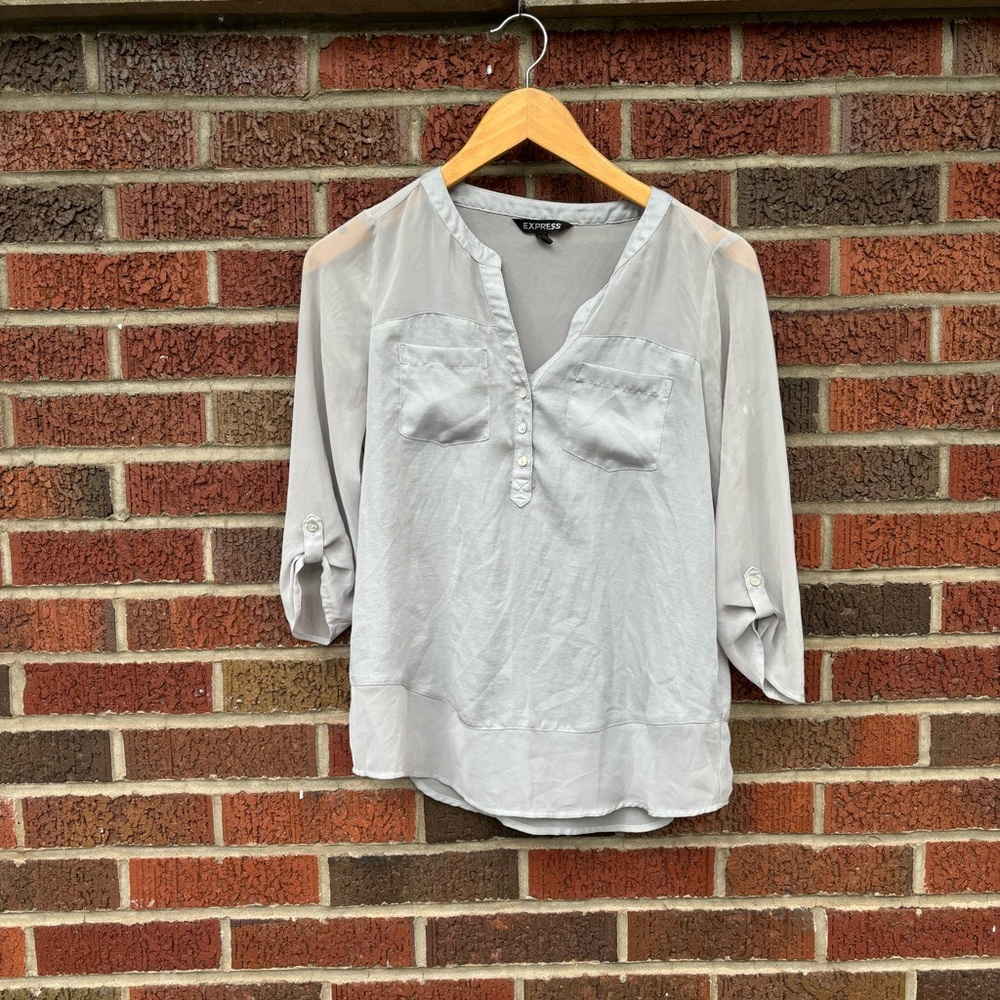 Express Light Gray Sheer Chiffon Pocket Front Blouse Top
